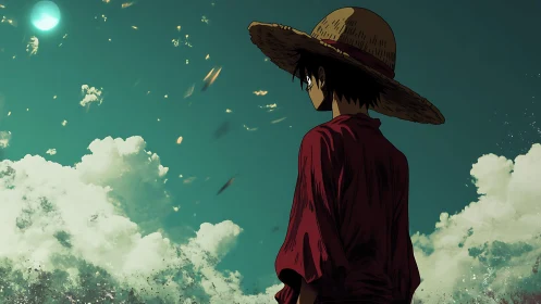 Straw hat figure in red shirt observing sky and clouds.