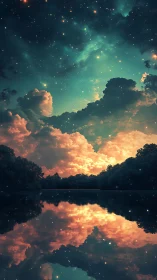 Starlit cloudscape mirrored over tranquil forest lake at dusk.
