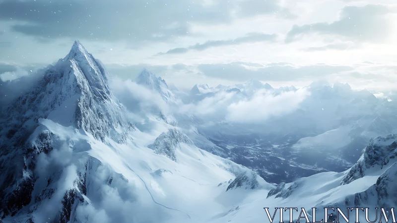 Silent crown of winter storms above cloud-drowned valleys.