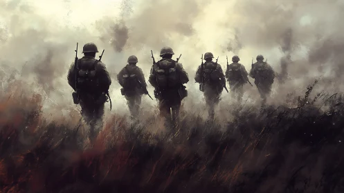 Soldiers advance through smoke filled battlefield landscape.
