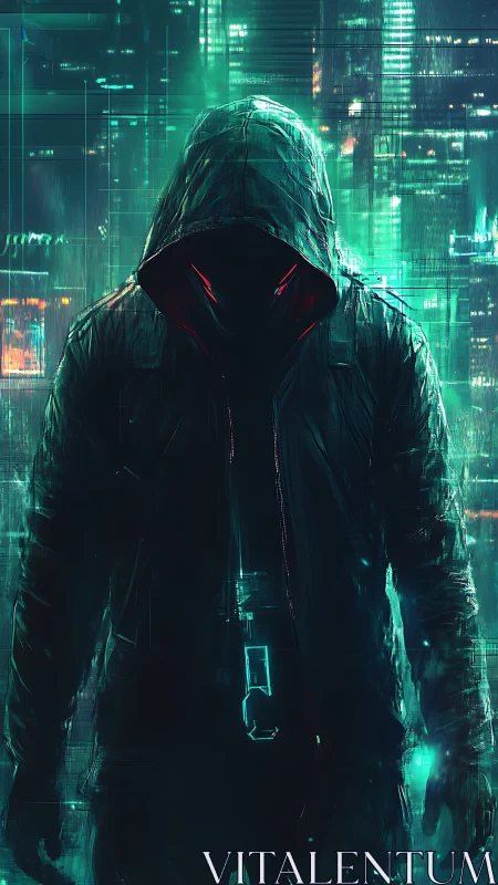 Hooded cyber wanderer glowing in a neon city storm.