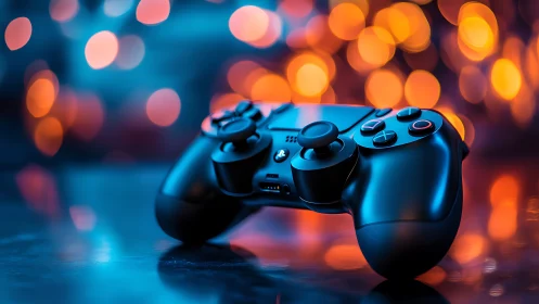 Neon-lit game controller basks in dreamy bokeh starlight.