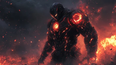 Molten armored mech strides through fire and ash storm.