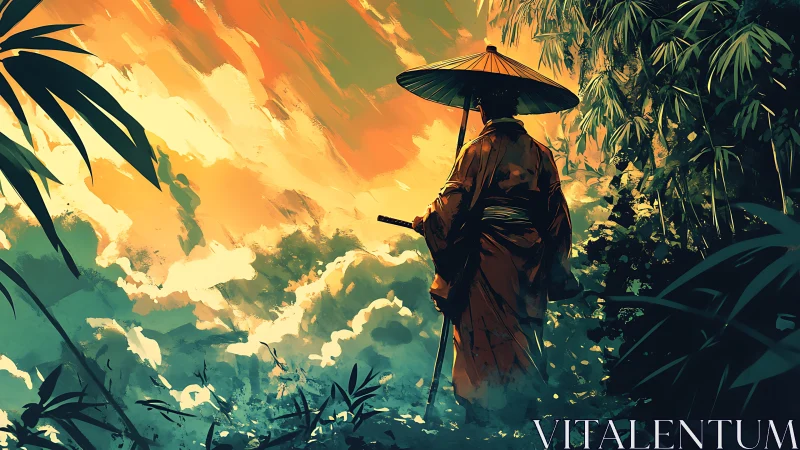 Solitary samurai surveys luminous valley under stormlit sky