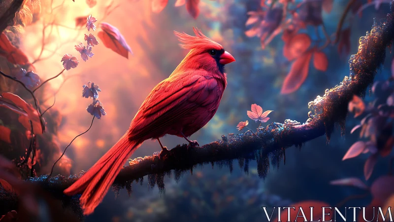 Vibrant red cardinal on mossy branch in dreamy fantasy forest.