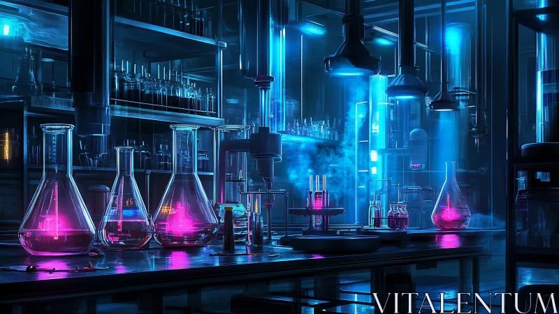Cyberpunk wet lab interior with neon volumetric chemistry setup.