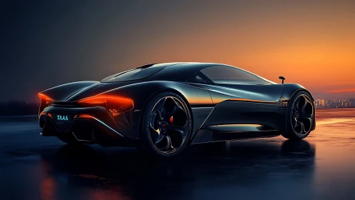 Ultra-low profile hypercar render at dusk on wet asphalt