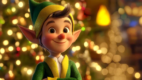 3D Christmas elf portrait with bokeh-lit festive background