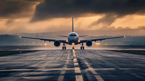 Passenger jet aligns on wet runway under stormy dusk sky.
