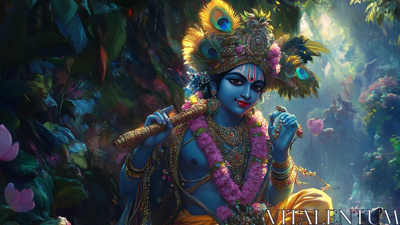 Blue-hued divine musician in luminously rendered forest grove.