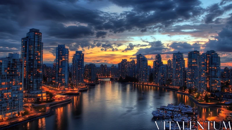 Harborfront skyscrapers glow against a stormy sunset sky