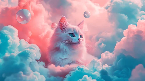 Celestial Cat in Pastel Clouds and Bubbles.