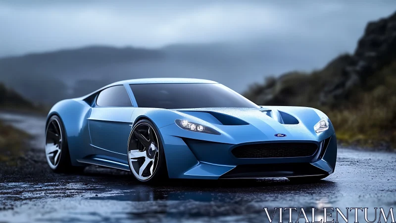 Blue concept supercar stands on wet mountain road at dusk