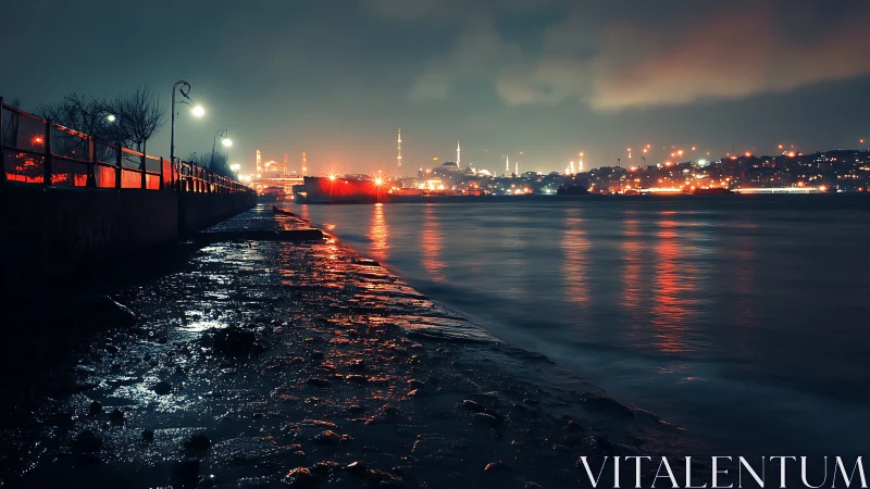 City shoreline glows in moody blue and red night reflections