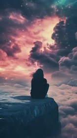 Solitary figure on cliff edge under vivid cosmic sky.