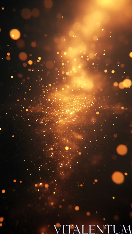 Golden bokeh particles drift through dark ambient space.