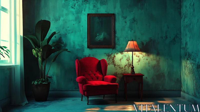 Crimson reading chair glows in a teal-drenched dream room.