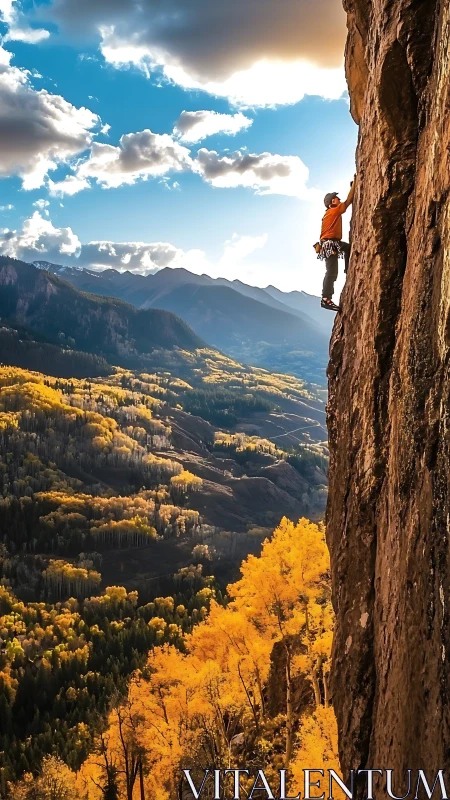 Rock climber ascending cliff above autumn forest valley.