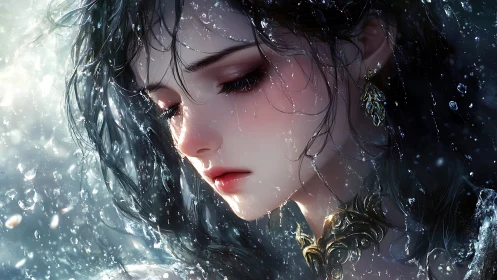 Digital portrait depicts wet-haired woman amid suspended water