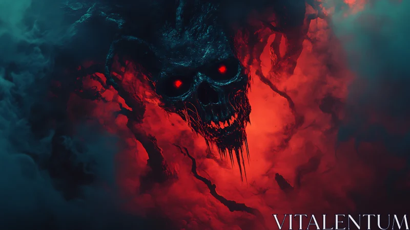 Demonic smoke skull with glowing red eyes over hellfire.