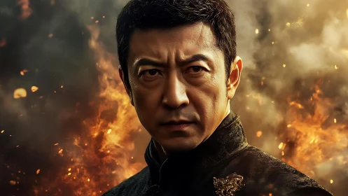 Determined warrior stands before roaring inferno backdrop