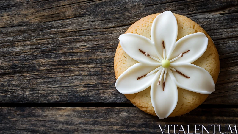 White Flower Adorns Cookie on Rustic Wooden Surface.