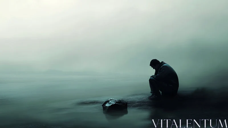 Quiet shoreline moment with a lone figure in soft mist.