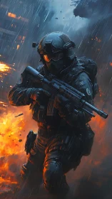 Brave futuristic soldier pushing forward through the chaos.