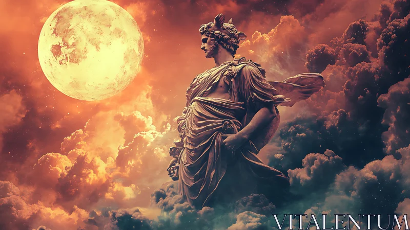 Mythic stone statue set against glowing lunar sky.