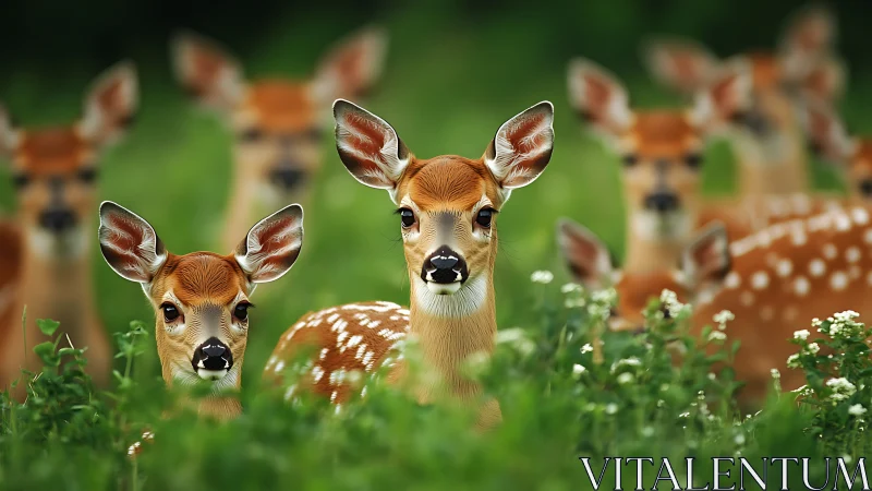 Whitetail fawns stand alert in lush green meadow portrait.
