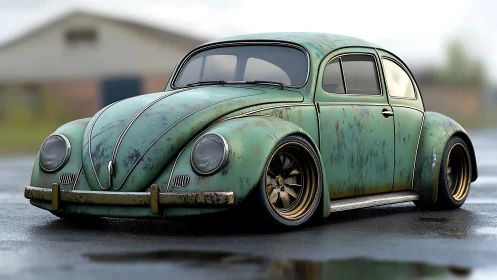Weathered teal beetle car rests low with nostalgic charm