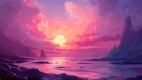 Radiant alien sunset bathes a tranquil coastal landscape.