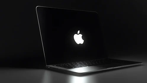 Open laptop displays illuminated logo on dark reflective surface