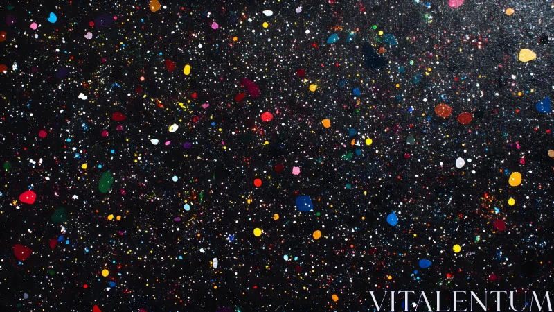 Abstract cosmic splatter painting with vibrant colors on dark canvas.