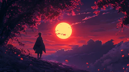Lone cloaked figure watches crimson sunset above glowing clouds