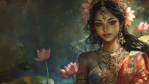 Ornate digital portrait of regal woman amid luminous lotus blooms