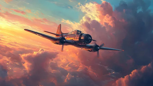 WWII era twin engine bomber flying through sunset clouds