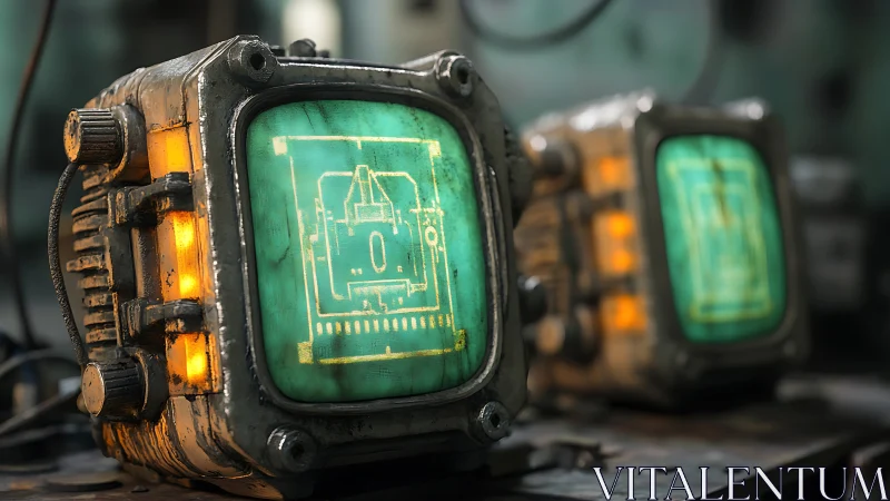 Retro-futurist monitors glow like relics from a forgotten lab.