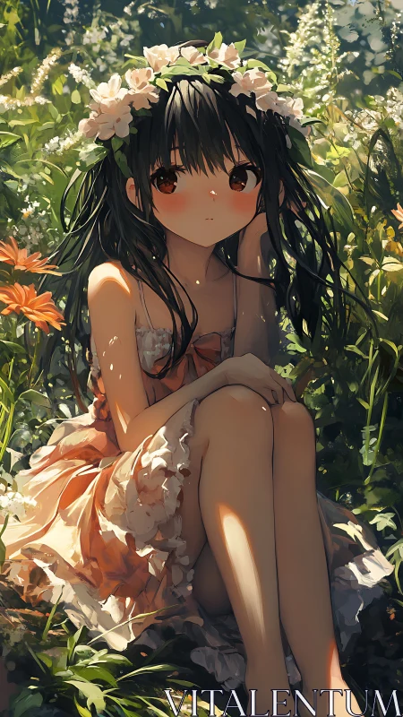 Sunlit anime girl in floral crown amid dense meadow foliage.