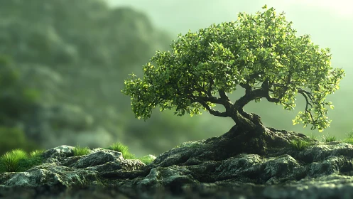Solitary small tree on rocky terrain in soft green light.