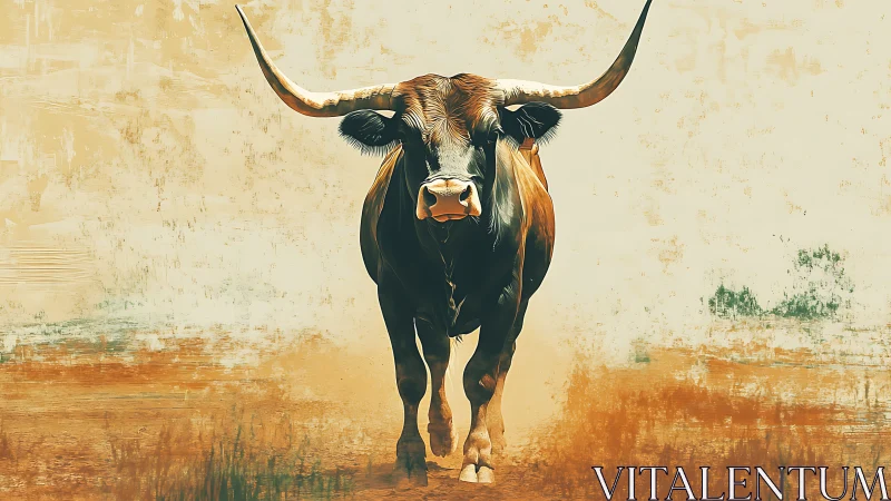 Longhorn monarch strolls forward through painted dust