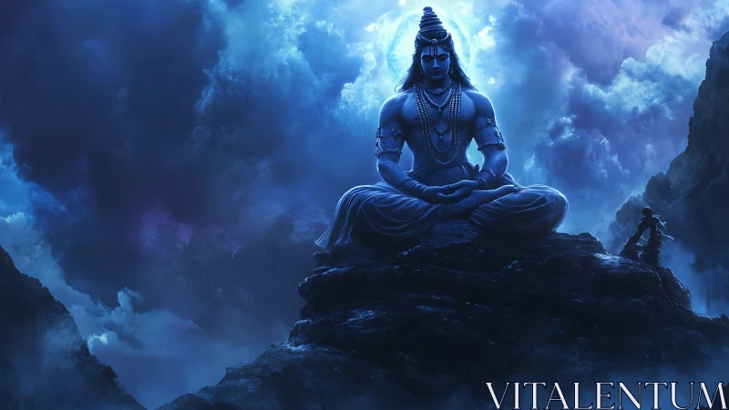 Monumental blue Shiva figure in meditative posture amid storm clouds