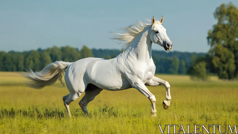 White horse cantering across open green summer meadow field.