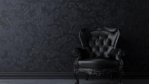 Black leather armchair anchors dark baroque interior scene