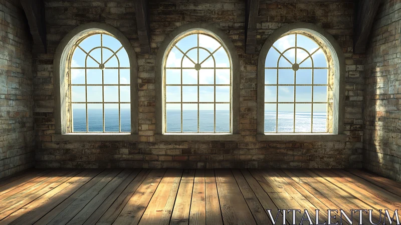 Sunlit brick loft interior with arched ocean-view windows