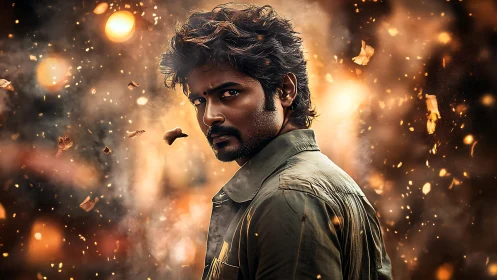 Storm-eyed wanderer turns through flying embers and light