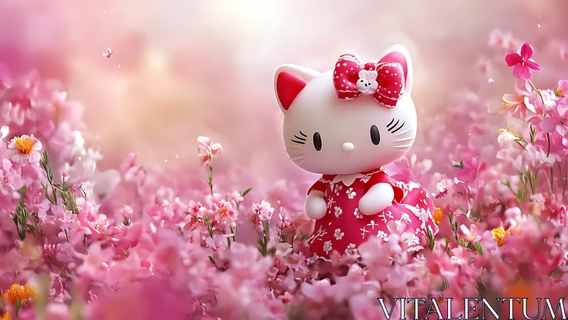 Hello Kitty in a Blooming Pink Flower Field.