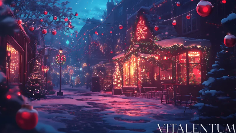 Snowy evening street with illuminated holiday storefronts.