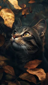 Cat's Upward Gaze Captures Autumn Foliage and Flying Insects