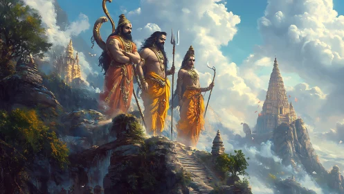 Mythic warriors on mountain path before distant temples.